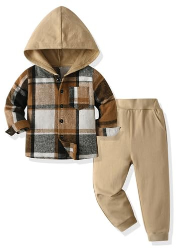 UUAISSO Ropa de bebé para niños pequeños Tops a cuadros con capucha sudadera pantalones Otoño Invierno Trajes Caqui 9-12 meses