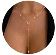 RIXERKOC Collier Longue en Y pour Femme, Colliers Lariat Plaqué Or 14k avec pendentif en Forme de Soleil Collier en Cristal or en Y Cadeau Bijoux pour Femmes et Filles (Or)