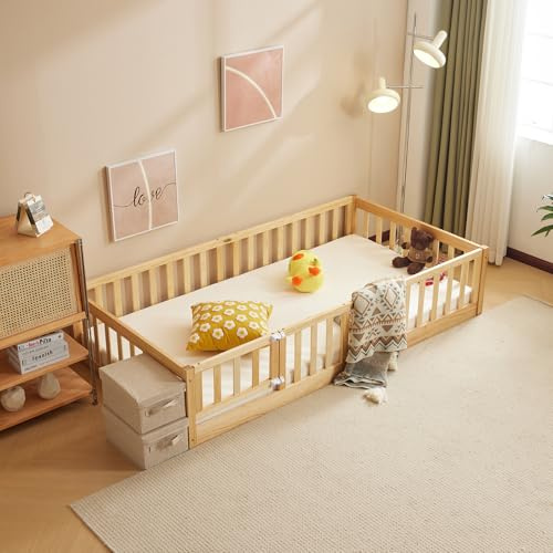 LALAHO Kinderbett 90×200 cm，Montessori Bodenbett mit Freiem Tor，mit Herausfallschutz & Lattenrost, Gitterbett Jugendbett Einzelbett – 2 Größen, 300 kg Tragfähigkeit, Umbaubar（Natur）
