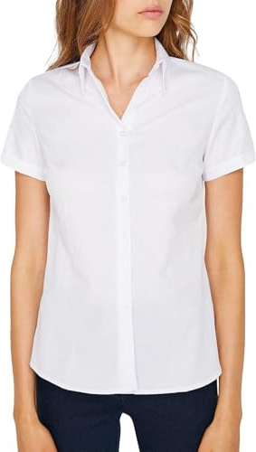 JiaYouLC Womens Short Sleeve Dress Shirts Blouses Stretch Button Down Shirts Ladies Office Business Work Blouse Summer Casual Tops for Women (UK, Alpha, L, Regular, Regular, White)