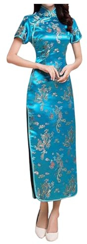Robe Cheongsam chinoise brodée manches courtes longue longueur femme traditionnelle Qipao