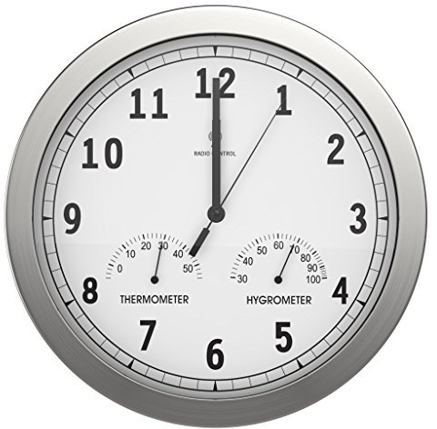 bonVIVO Timerider Radio Controlled Wall Clock – Silent Non-Ticking Quartz Clock with Thermometer & Hygrometer – 12 Aluminium Wall Clock for Kitchen, Living Room, Office – Auto/Manual Set