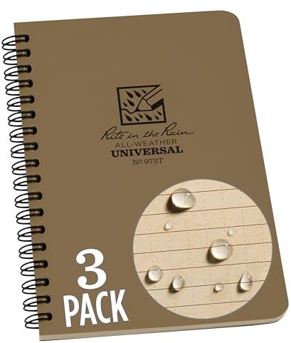 Rite in the Rain Weatherproof Side Spiral Notebook, 4.625 x 7, Tan Cover, Universal Pattern, 3 Pack (No. 973TL3)
