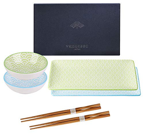 vancasso Sushi Geschirr, Natsuki Sushi Set, Porzellan japanische Sushi Geschirr ESS Service bunt, 6-teilig Geschirr-Set für 2 Personen, grün