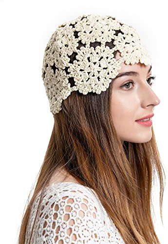 ZLYC Women Cotton Crochet Skull Cap Handmade Knit Cutout Floral Beanie Hat (Beige),One Size