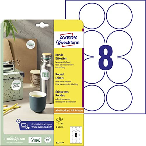 AVERY Zweckform 6228-10 Runde Etiketten (80 Klebepunkte, Ø69mm auf A4, runde Aufkleber zum Bedrucken, selbstklebende Produktetiketten, permanent haftende Marmeladenetiketten) 10 Blatt, weiß