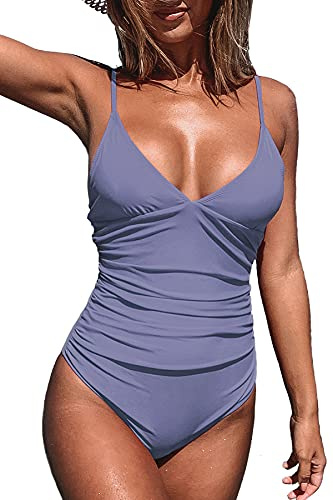 CUPSHE Women Swimsuit One Piece V Neck Tummy Control Ruched Front Low Back Bathing Suit Swimwear Purple M