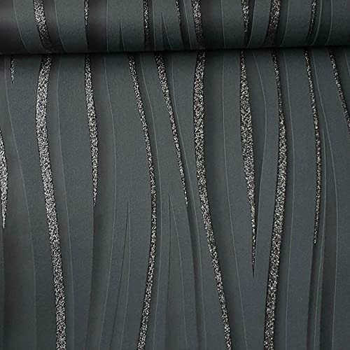 SOPHIE LAURENCE Luxury 3D Glitter Sparkle Textured Wave Stripe Vinyl Charcoal Black Wallpaper for Living Room Bedroom