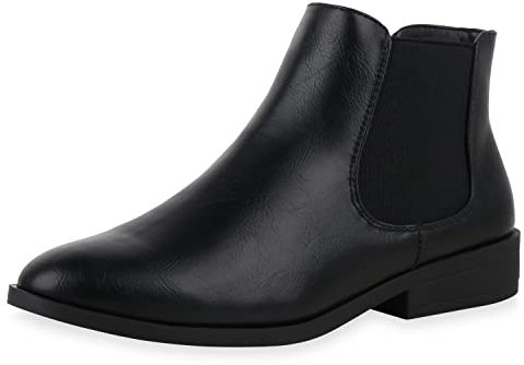 VAN HILL Damen Stiefeletten Lederoptik Chelsea Boots Blockabsatz Freizeit Schuhe Bequeme Kurzschaft-Stiefel Ankle Boots 610528 Schwarz PU 39