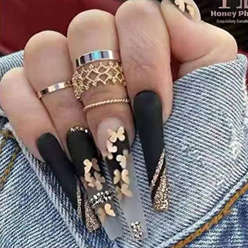 Luvadeyo 24 Stück Künstliche Nägel Lange Weiß Falsche Nägel Ballerina Acrylic natürlich Drücken auf den Nägeln Full Cover für Frauen(Gold)