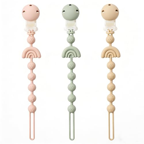 Baby Pacifier Clips One Piece Binky Clip Holder Silicone Teether Clip Pacifier Straps with Clip Baby Teether Toys for Boys and Girls Set of 3 Andy Bear-Ivory+Sage+Blush