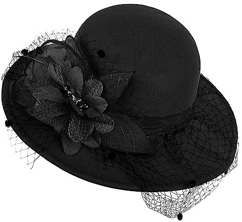 Damen Bowler Fedora Hut mit breiter Krempe, Vintage-Schlapphut aus Filz mit Schleier, für Winter, Kentucky, Hochzeit, Party