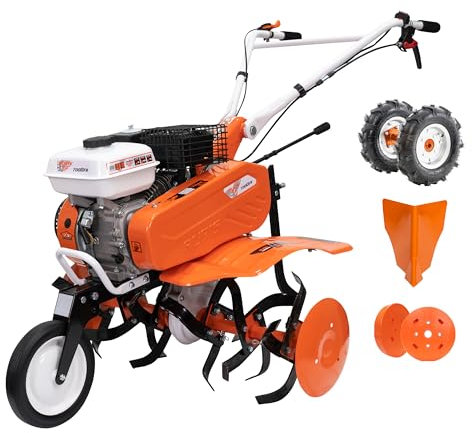 RURIS POWER FOR NATURE Motobineuse 7000fr, 7 CV, 24 Fraises, Largeur de Travaille 560-830mm, guidons Ajustable + Butteur + Lot Contrepoids 10kg, Orange