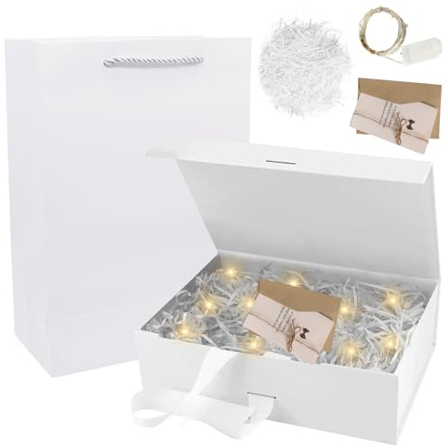 Presentask med lock, presentkartong med rosett, presentlåda, presentförpackning med låda + väska + färgband + ljus, magnetisk presentförpackning med LED-ljus för bröllop, födelsedag, alla hjärtans dag