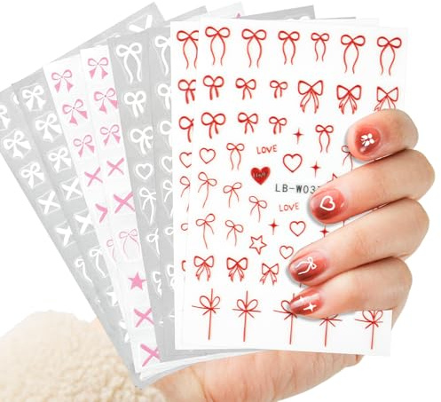 8 Fogli Adesivi per Unghie con Fiocco, 3D Rilievo Adesivi per Unghie con Nastro Carini Cuore Croce Decalcomanie per Unghie Stella Adesivo con Fiocco per Nail Design Donne Decorazioni Unghie