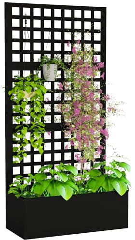 Outsunny Jardinière avec Treillis, Brise-Vue, lit surélevé de Jardin, jardinière extérieure en Acier galvanisée, pour Plantes grimpantes, bac à Fleurs pour Balcon terrasse Patio, 89x40x178cm, Noir