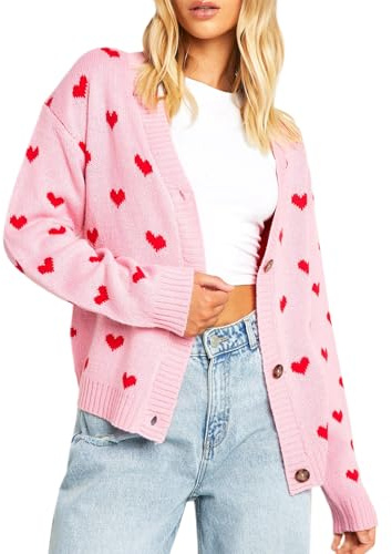 Feclmiyt Women Valentine's Day Knit Cardigan Y2k Heart Print Long Sleeves Button Up Oversized Sweaters Cardigans Knitwear Outerwear (B-01, S)