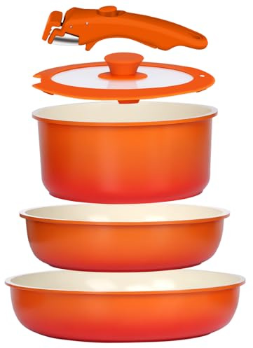 GiPP 5 Pezzi Set Di Padelle Con Rivestimento Ceramico Antiaderente, Set Di Padelle E Pentole Con Manici Staccabili, Atossiche Compatibili Con Induzione, Forno E Lavastoviglie, Sfumatura Arancione