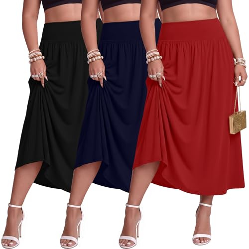 Ficerd Pack de 3 Faldas Largas Maxi Tallas Grandes para Mujeres Curvas Corte en A Cintura Alta Faldas de Verano con Bolsillos(Rojo, Azul Oscuro, Negro,XXL)