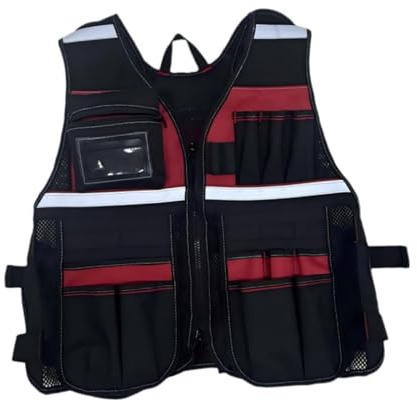 Chaleco de Herramientas para Electricistas y Carpinteros - Chaleco de Trabajo con 12 Bolsillos para Técnicos- Rojo Y Negro