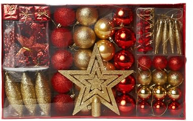 HEITMANN DECO Weihnachtsbaum-Schmuck Set 60-teilig – Gold & Rot – mit Baumspitze, Kugeln, Girlande, Perlkette & Sternen – bruchsichere Weihnachtsdeko aus Kunststoff für innen und außen geeignet