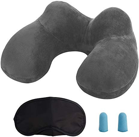 LUZWAY Almohada Inflable del Viaje, Cojín Inflable del Cuello de Viaje, Hecho de Terciopelo Suave y Funda Lavable con Tapones para los Oídos, Máscara de los Ojos y Bolsa de Transporte (Gris)