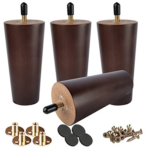 Btowin 8 inch Solid Wood Furniture Legs, 4Pcs Mid-Century Modern Walnut Wooden Replacement Feet with Threaded 5/16'' Hanger Bolts & Mounting Plate & Screws for Sofa Couch Armchair Cabinet TV Stand