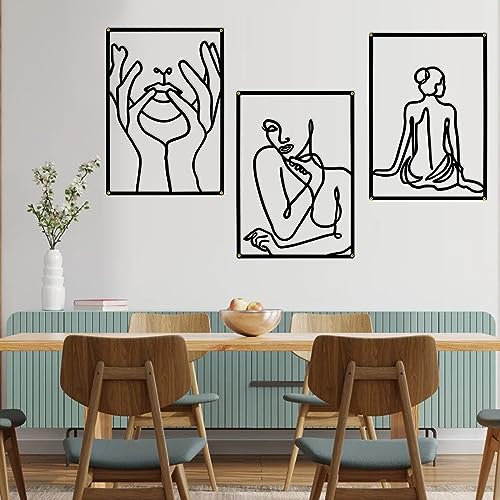 Schwarzem Wanddekoration aus Metall, 3PCS 40*28cm Metall Wanddekoration Minimalistische Abstrakte Frau, Abstrakte Einzeilige Eisen Wandskulpturen für Zuhause Büro Wohnzimmer Hotel Dekoration (Style E)