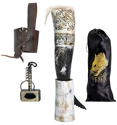 FENRIR Viking Drinking Horns With Stand Leather Hoster | Thor Bottle Opener | Norse Medieval Authentic Ox Horn for Ale, Mead, Whiskey | Unique Gifts for Men | 16-20 oz Triple Horn of Odin