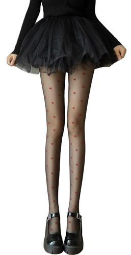 GamTelightpe Collant Fantaisie Femme Bas Transparent Noir avec Motif Petits Cœurs Rouges - Taille Unique