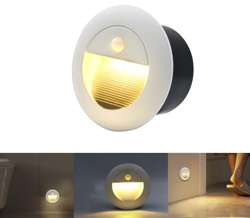 FWoche luci scale esterne con sensore movimento, 1.5W 3000K Lampada da parete rotonda da incasso con scatola da incasso 65mm, per Interno esterno scale giardino viale gradini, IP65 in Alu, Bianco