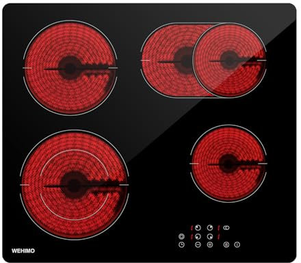 WEHIMO Glaskeramikkochfeld 4 platten, 59cm, 7200W, 4 Kochzonen (2200W+2000W+1800W+1200W), 9 Heizstufen, Berührungssteuerung, Kindersicherung, Timer, Geeignet für Alle Töpfe
