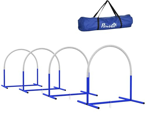 PawHut Hunde-Agility-Trainingsgeräte, Hund Agility Set, 4-teilges Agilityset für ältere Hunde, Hundetrainigsset mit Tragetasche, Blau+Weiß, 88 x 64 x 95 cm
