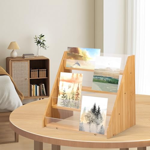QINGLANG Espositore per biglietti di auguri, a 4 livelli, multifunzione, in bambù e acrilico, espositore per fiere e libri, per cartoline, brochure, foto