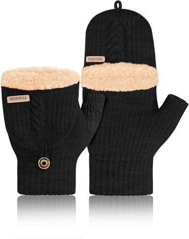 MELLIEX Thermo Halbfinger Handschuhe, Fingerlose Handschuhe mit Kappe, Dicke Strickhandschuhe, Weiche Fäustlinge, Schwarz, Unisex, Medium to Large (M/L), Acryl + Polyester (50/50)