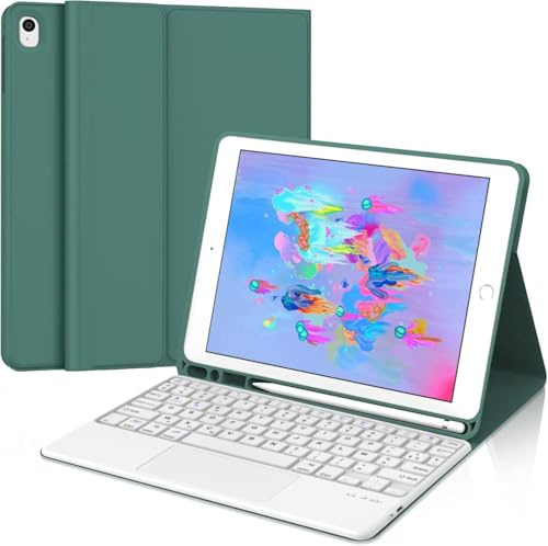 WINCHKING iPad 6 Generation Hülle mit Tastatur - Tastatur mit Touchpad für iPad 6th/5th Generation 2018/2017 9,7 Zoll, Abnehmbare Kabellose QWERTZ Layout, 7 Farben Beleuchtete (Dunkelgrün)