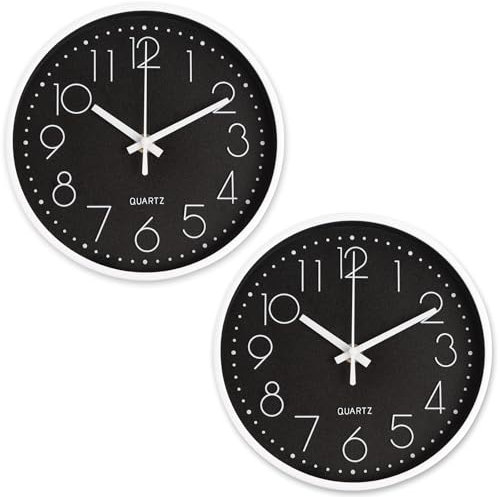 2 pièces pendules murales 20CM, Murale silencieuse sans Tic-tac, Horloge Murale décorative Ronde, pour Chambre, Salon, Cuisine, Bureau, étudiants (Noir)