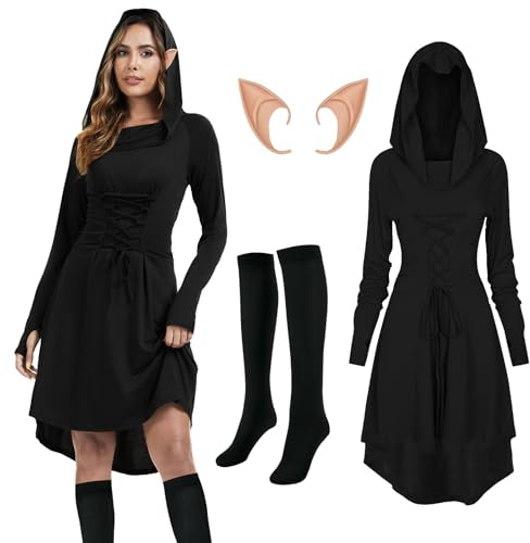 rumnigh Abbigliamento medievale da donna, Abbigliamento gotico medievale, Abito rinascimentale, Abito con cappuccio con orecchie da elfo e calze overknee per Carnevale Halloween (Nero, S)