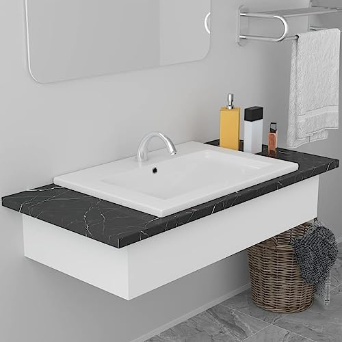 Lavabo da Incasso in Ceramica Bianca, Design Moderno con Troppopieno, Lavandino Bagno Sottopiano per Arredamento Contemporaneo, 61 x 39.5 x 18.5 cm