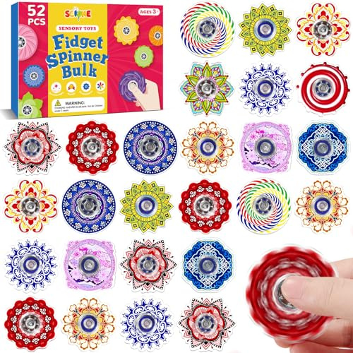 SCIONE 52 Pcs Fidget Spinner for Kids Bulk, Valentine's Day Gifts for Kids Classroom, Mini Sensory Fidget Toys for Goodie Bag Stuffers, ADHD Autism Stress Relief Toys, Party Favors Classroom Prizes