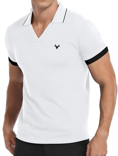 KUYIGO Men's Polo Shirts Short Sleeve Summer Casual Deer Head Embroidery V-Neck Slim Fit Golf Polo T-Shirt for Men Adult S-XXL