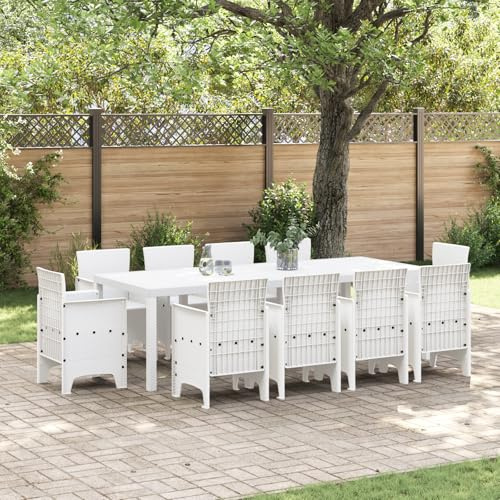 JHQHSM 11-TLG. Gruppo da giardino in polyrattan bianco con 10 sedie e tavolo per terrazzo balcone, resistente alle intemperie, per sala da pranzo all'aperto, design moderno