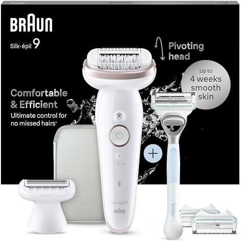Braun Epilateur Electrique Femme Silk Epil 9, 9-130, Blanc et Rose Quartz – Etanche, sans Fil, Tête Pivotante, Coffret avec Embout de Rasoir, Sabot Tondeuse, Manche et Cartouche Gillette Venus