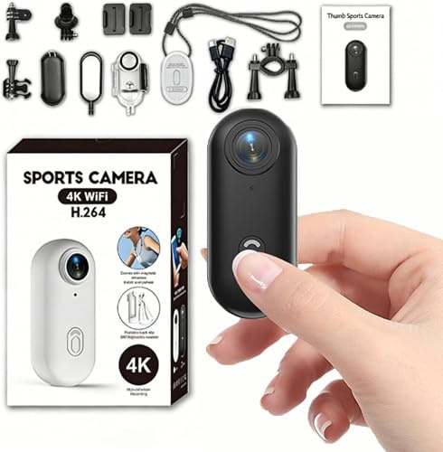 Mini cámara de acción 4K para el Pulgar, cámara portátil de vlogging Impermeable 360° 4K, cámara Corporal, tamaño Pulgar, WiFi, bodycam magnética, Manos Libres, Kit de Accesorios para Ciclismo