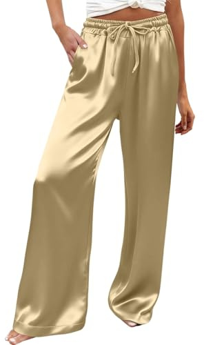 Pantalon Palazzo en satin pour femme - Taille haute - Toucher soyeux - Léger et respirant - Coupe ample - Taille élastique - Avec poches
