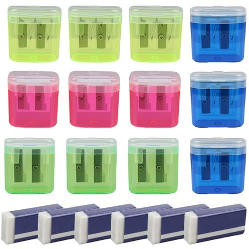 6PCS Sacapuntas Manuales Multicolor De Doble Agujero Con Tapa Y 6 Gomas De Borrar Blancas De Pvc, Sacapuntas Portátil Para Niños, Estudiantes, Hogar, Oficina Y Artistas, Diseño Compacto Y Seguro