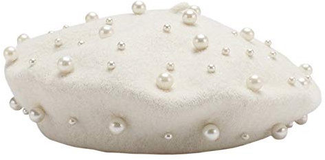Retzjorv Women's Wool Berets Sweet French Pearl Beaded Beret Cap Winter Hat Knitted Beanie Hat for Girls (White)