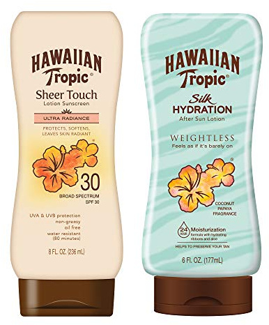 Hawaiian Tropic SPF 30 Broad Spectrum Sunscreen and After Sun Pack with 8oz Sheer Touch Moisturizing Sunscreen Lotion and 6oz Silk Hydration Weightless After Sun Lotion
