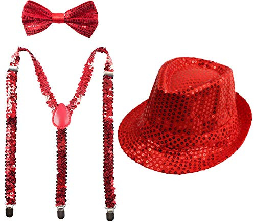 Juego 3 de Tirantes Elásticos Pajaritas Ajustables y Sombrero de Copa de Lentejuelas Brillantes para Adultos Disfraz de Fiesta Carnaval Halloween Navidad (Rojo, Pack con Sombrero de Adulto/58cm)