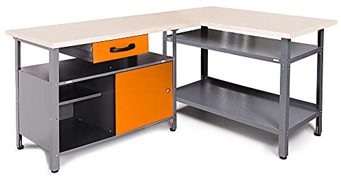 Ondis24 Werkstatt-Set Ecklösung Sparfuchs 120 x 120 x 85cm (H), 2X Werkbank aus Metall, melaminbeschichtete Arbeitsplatte, Problemlöser für Ecke (180x120, Orange)